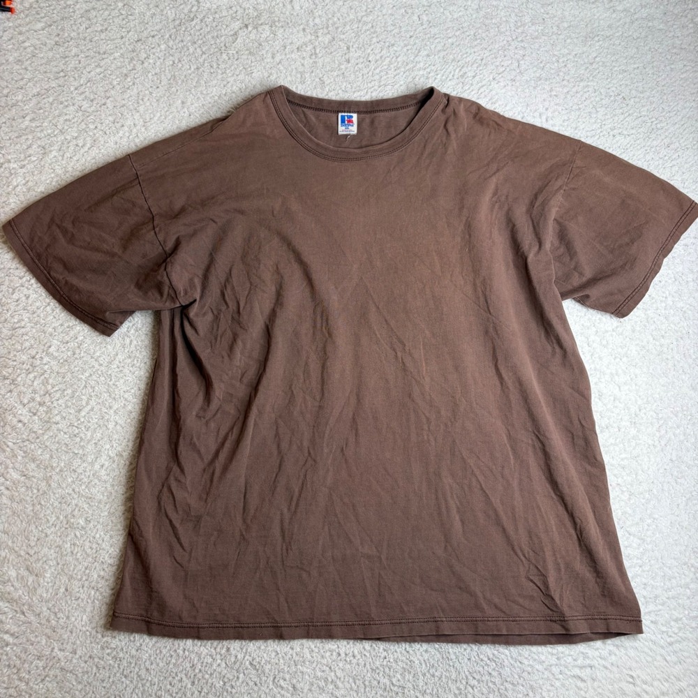 Vintage Russell Athletic Brown Blank T-Shirt Made in USA XXL Boxy Fit fade
